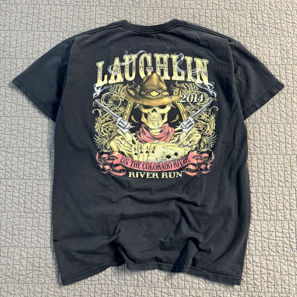 Y2K Style Laughlin Biker Tshirt Men XL Faded Motorcycle Skeleton Cowboy Colorado